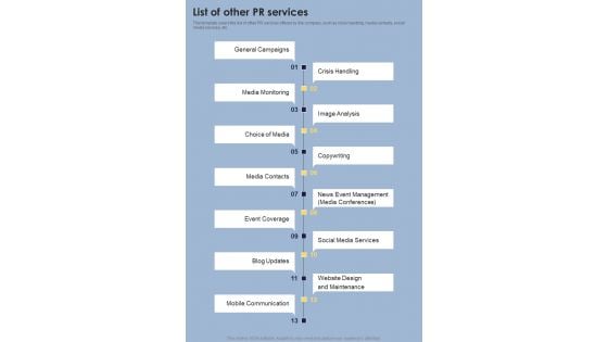 Proposal Public Relations Promotional Services List Of Other One Pager Sample Example Document