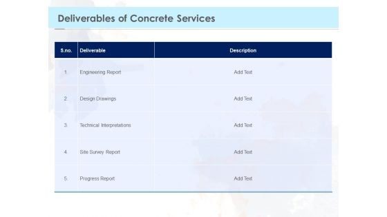 Proposal Template For Concrete Supplier Service Deliverables Of Concrete Services Microsoft PDF