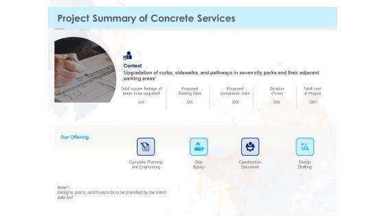 Proposal Template For Concrete Supplier Service Project Summary Of Concrete Services Summary PDF