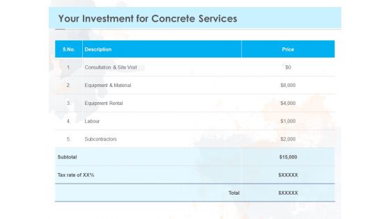 Proposal Template For Concrete Supplier Service Your Investment For Concrete Services Mockup PDF