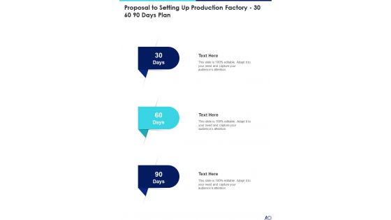 Proposal To Setting Up Production Factory 30 60 90 Days Plan One Pager Sample Example Document