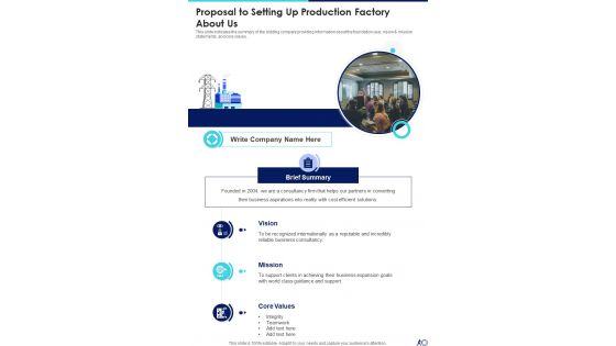Proposal To Setting Up Production Factory About Us One Pager Sample Example Document