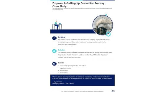 Proposal To Setting Up Production Factory Case Study One Pager Sample Example Document