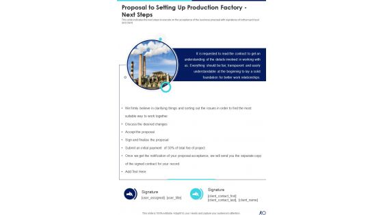 Proposal To Setting Up Production Factory Next Steps One Pager Sample Example Document