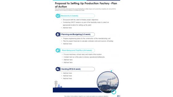 Proposal To Setting Up Production Factory Plan Of Action One Pager Sample Example Document