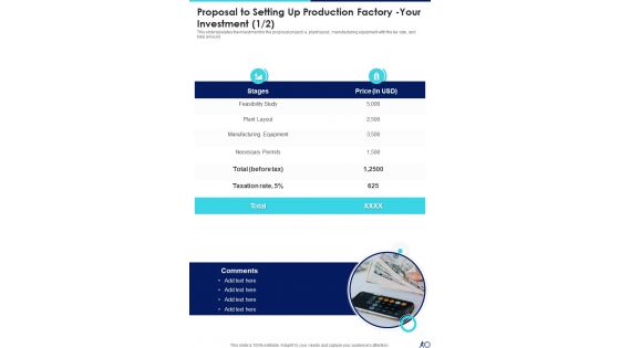 Proposal To Setting Up Production Factory Your Investment One Pager Sample Example Document