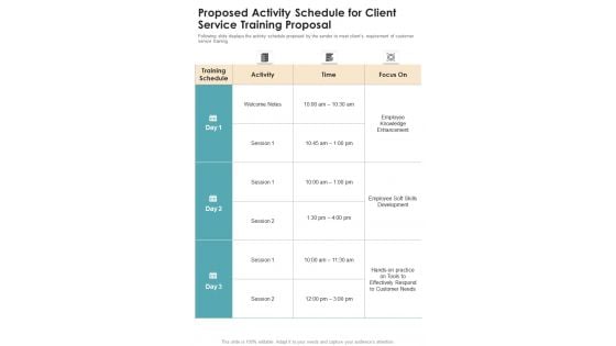 Proposed Activity Schedule For Client Service Training Proposal One Pager Sample Example Document