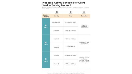 Proposed Activity Schedule For Client Service Training Proposal One Pager Sample Example Document