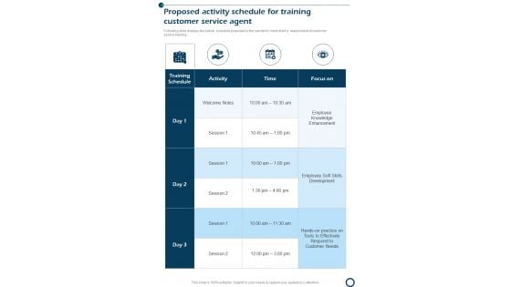 Proposed Activity Schedule For Training Customer Service Agent One Pager Sample Example Document