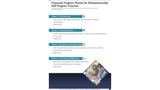 Proposed Program Phases For Entrepreneurship Skill Program Proposal One Pager Sample Example Document