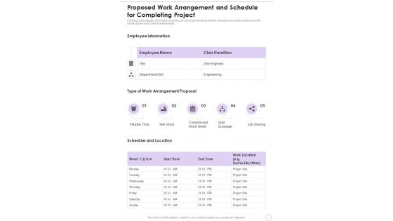 Proposed Work Arrangement And Schedule For Completing Project One Pager Sample Example Document