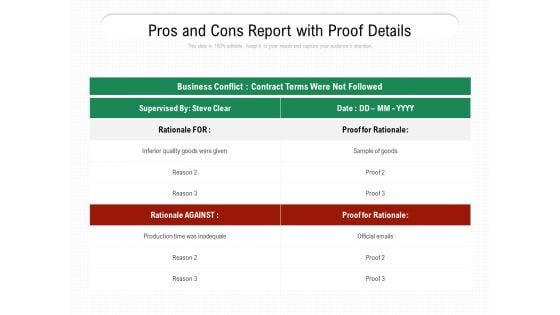 Pros And Cons Report With Proof Details Ppt PowerPoint Presentation File Slides PDF