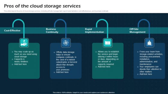 Pros Of The Cloud Storage Services Virtual Cloud Network IT Ppt Infographic Template Display PDF