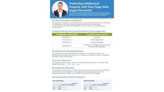 Protecting Intellectual Property With One Page NDA Legal Document PDF Document PPT Template