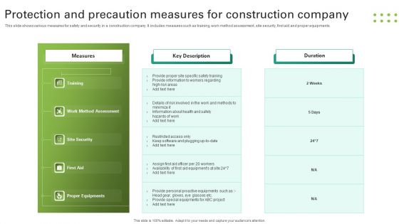 Protection And Precaution Measures For Construction Company Portrait PDF