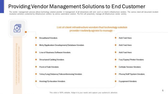 Providing Vendor Management Solutions To End Customer Ppt Infographics Ideas PDF