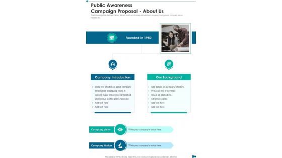 Public Awareness Campaign Proposal About Us One Pager Sample Example Document