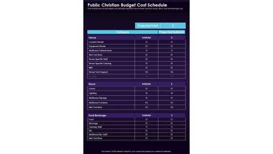 Public Christian Budget Cost Schedule One Pager Sample Example Document