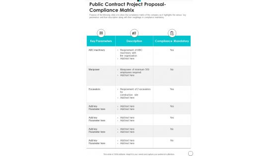 Public Contract Project Proposal Compliance Matrix One Pager Sample Example Document Public Contract Project Proposal Compliance Matrix One Pager Sample Example Document