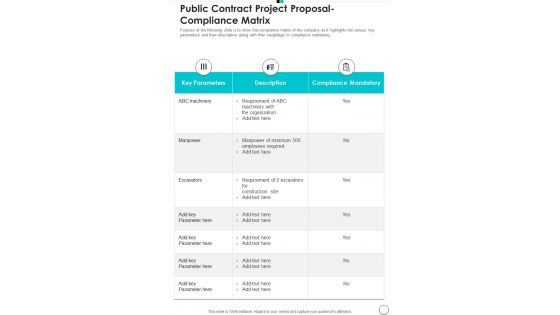 Public Contract Project Proposal Compliance Matrix One Pager Sample Example Document