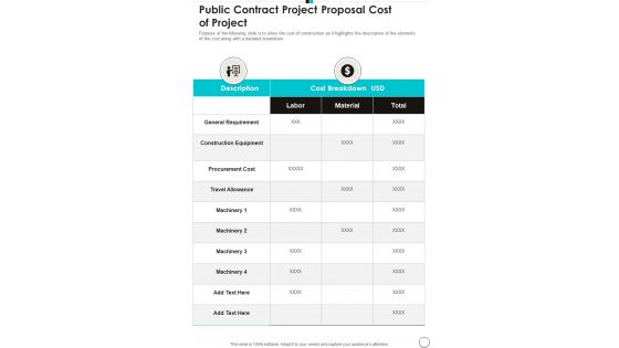 Public Contract Project Proposal Cost Of Project One Pager Sample Example Document