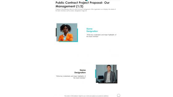 Public Contract Project Proposal Our Management One Pager Sample Example Document Public Contract Project Proposal Our Management One Pager Sample Example Document