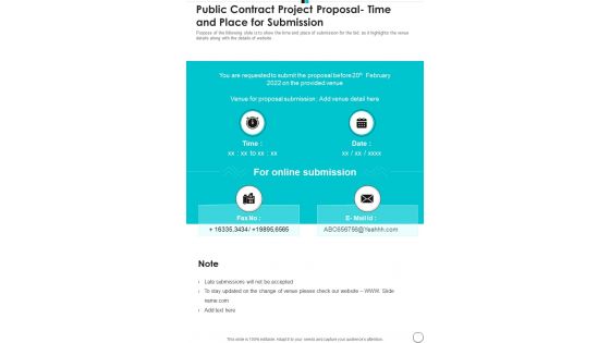 Public Contract Project Proposal Time And Place For Submission One Pager Sample Example Document