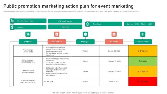Public Promotion Marketing Action Plan For Event Marketing Portrait PDF
