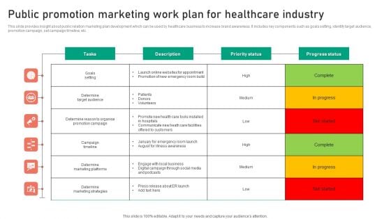 Public Promotion Marketing Work Plan For Healthcare Industry Ppt Inspiration Vector PDF Public Promotion Marketing Work Plan For Healthcare Industry Ppt Inspiration Vector PDF