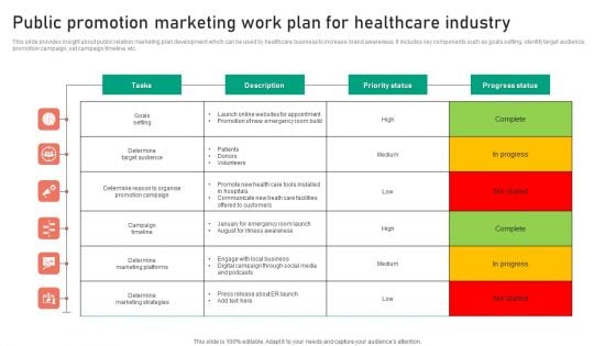 Public Promotion Marketing Work Plan For Healthcare Industry Ppt Inspiration Vector PDF