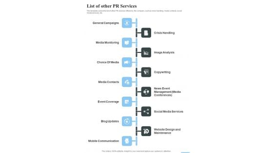 Public Relation Marketing Strategy Proposal List Of Other PR Services One Pager Sample Example Document