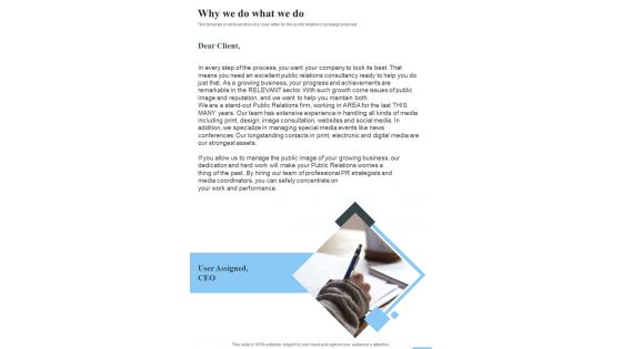 Public Relation Marketing Strategy Proposal Why We Do What We Do One Pager Sample Example Document Public Relation Marketing Strategy Proposal Why We Do What We Do One Pager Sample Example Document