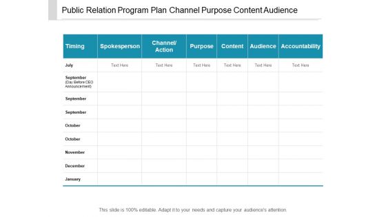 Public Relation Program Plan Channel Purpose Content Audience Ppt Powerpoint Presentation File Topics