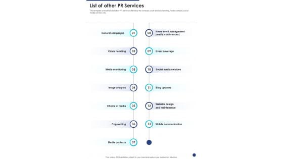 Public Relations Service Contractor Bid List Of Other Pr Services One Pager Sample Example Document Public Relations Service Contractor Bid List Of Other Pr Services One Pager Sample Example Document