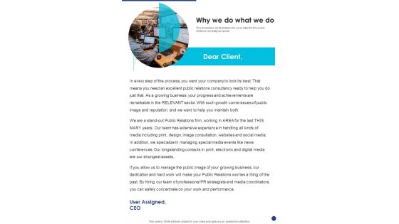 Public Relations Service Contractor Bid Proposal Why We Do What We Do One Pager Sample Example Document Public Relations Service Contractor Bid Proposal Why We Do What We Do One Pager Sample Example Document