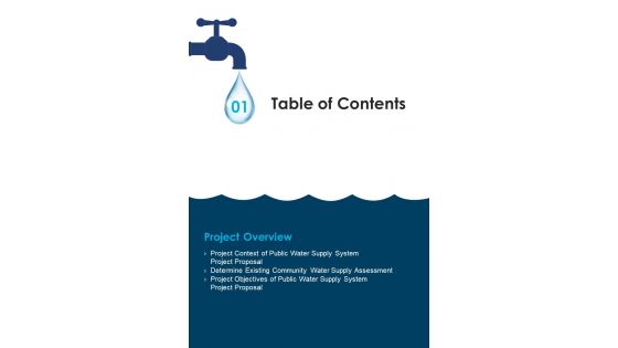 Public Water Supply System Project Proposal Table Of Contents One Pager Sample Example Document