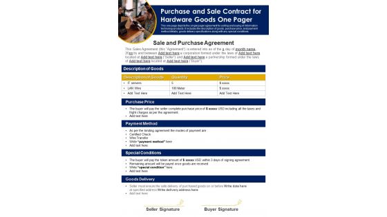 Purchase And Sale Contract For Hardware Goods One Pager PDF Document PPT Template