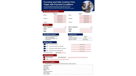 Purchase And Sale Contract One Pager With Payment Conditions PDF Document PPT Template