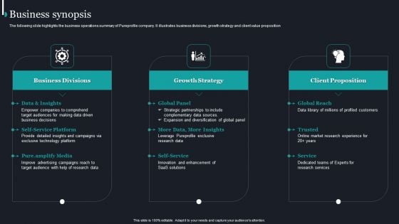 Pureprofile Business Overview Business Synopsis Ppt Show Gridlines PDF