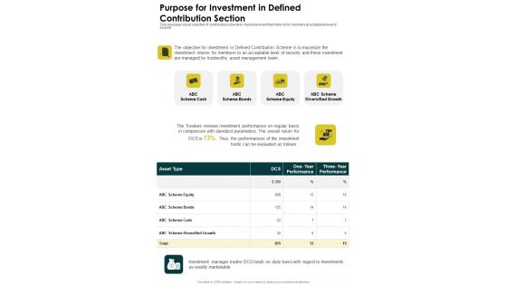 Purpose For Investment In Defined Contribution Section One Pager Documents