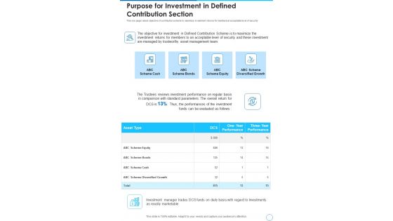 Purpose For Investment In Defined Contribution Section Template 138 One Pager Documents