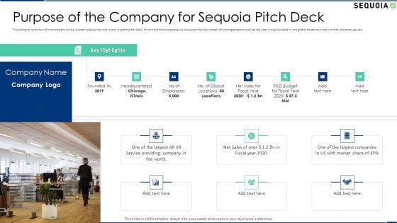 Purpose Of The Company For Sequoia Pitch Deck Template PDF