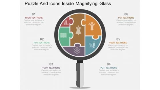 Puzzle And Icons Inside Magnifying Glass Powerpoint Template