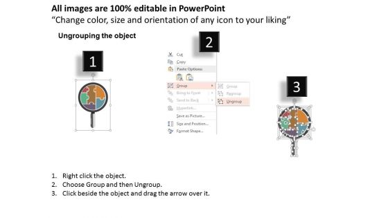 Puzzle And Icons Inside Magnifying Glass Powerpoint Template