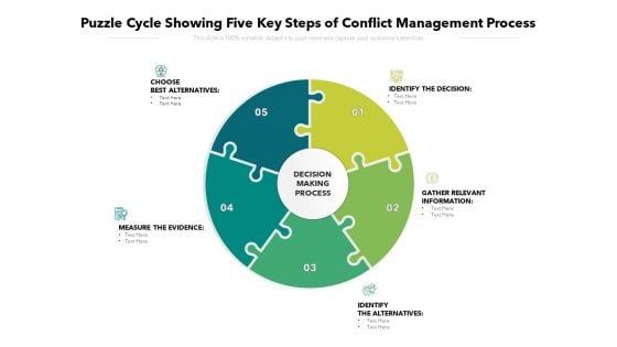 Puzzle Cycle Showing Five Key Steps Of Conflict Management Process Ppt PowerPoint Presentation Gallery Slide PDF