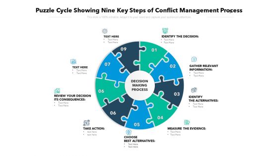 Puzzle Cycle Showing Nine Key Steps Of Conflict Management Process Ppt PowerPoint Presentation Show Clipart PDF