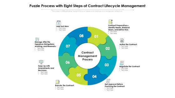 Puzzle Process With Eight Steps Of Contract Lifecycle Management Ppt PowerPoint Presentation Summary Design Templates PDF