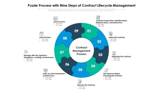 Puzzle Process With Nine Steps Of Contract Lifecycle Management Ppt PowerPoint Presentation Inspiration Outline PDF