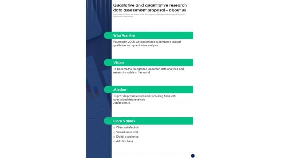 Qualitative And Quantitative Research Data Assessment Proposal About Us One Pager Sample Example Document