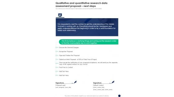 Qualitative And Quantitative Research Data Assessment Proposal Next Steps One Pager Sample Example Document Qualitative And Quantitative Research Data Assessment Proposal Next Steps One Pager Sample Example Document
